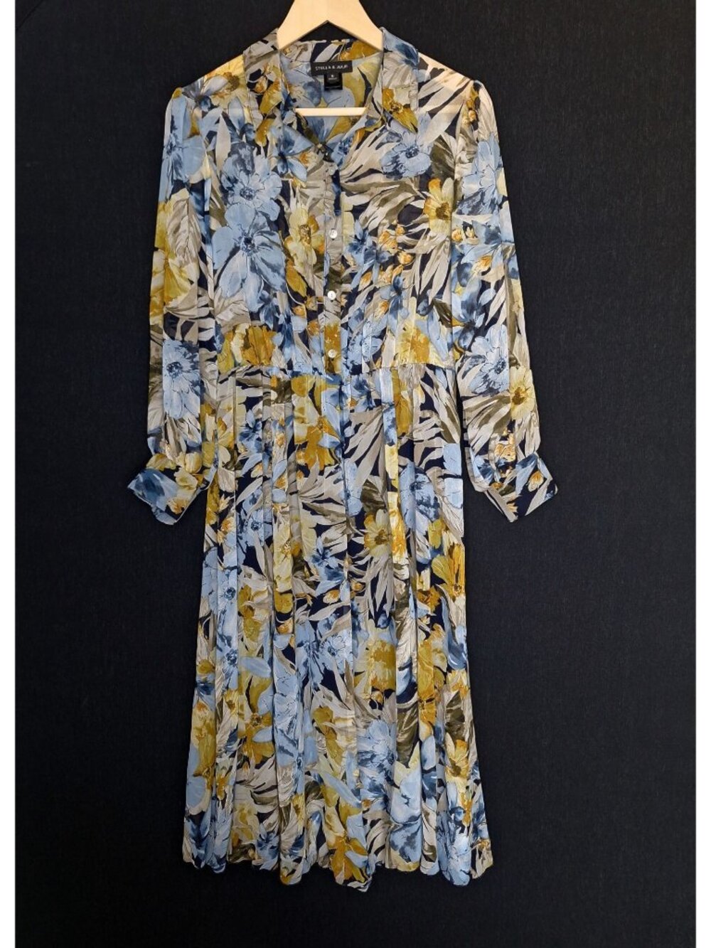 💙 Stella & Julie Floral Shirt Dress Size 8 Blue Yellow Button Front Long Sleeve - Picture 8 of 8